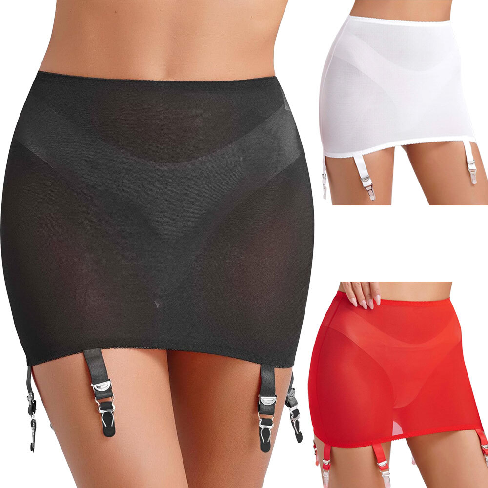 Luxallacki High Waist Sheer Mesh Garter Girdle 6 Straps Belt Mini Skirt Lingerie