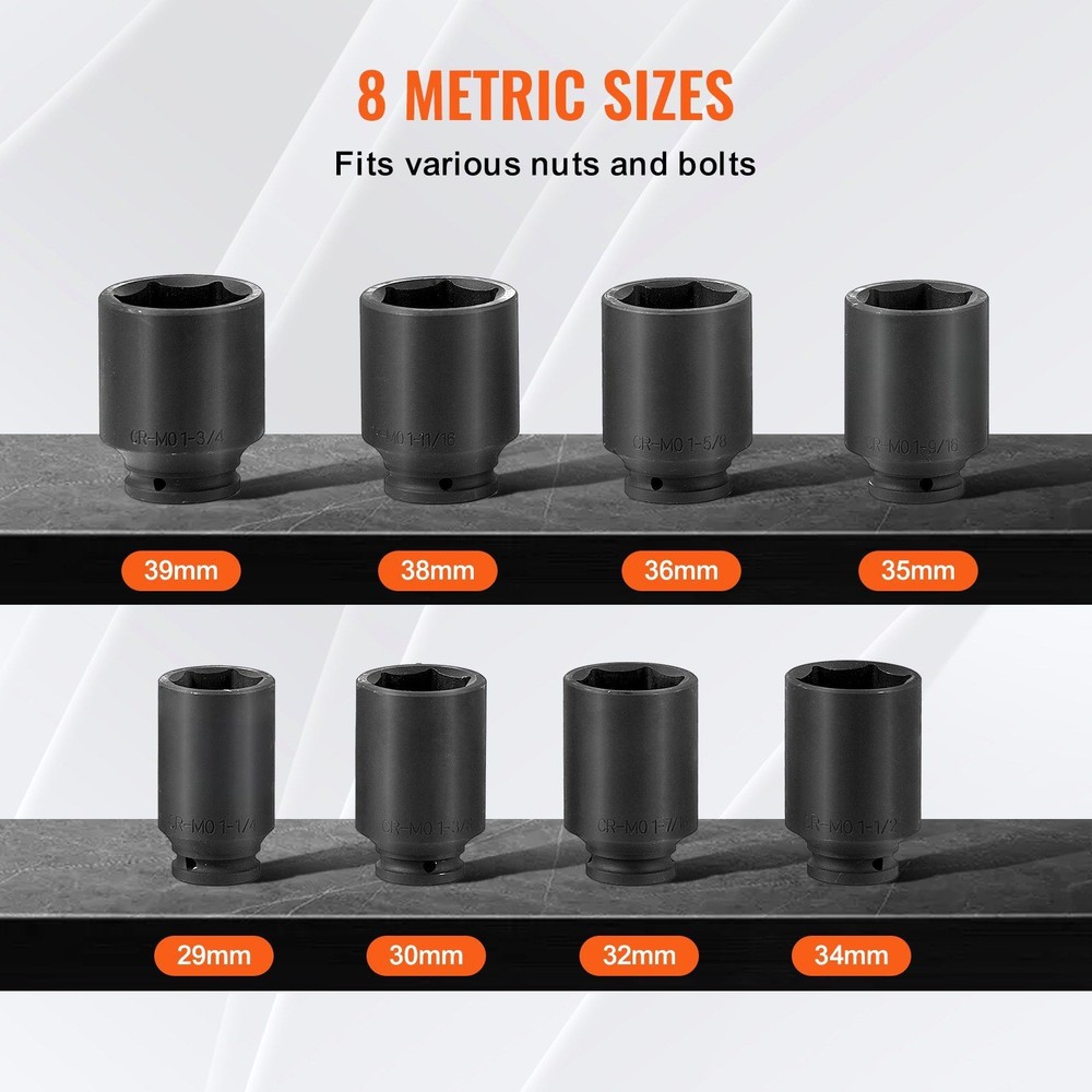 1/2in Drive Durable 12-Point Deep Socket Set 8PCS 29-39mm