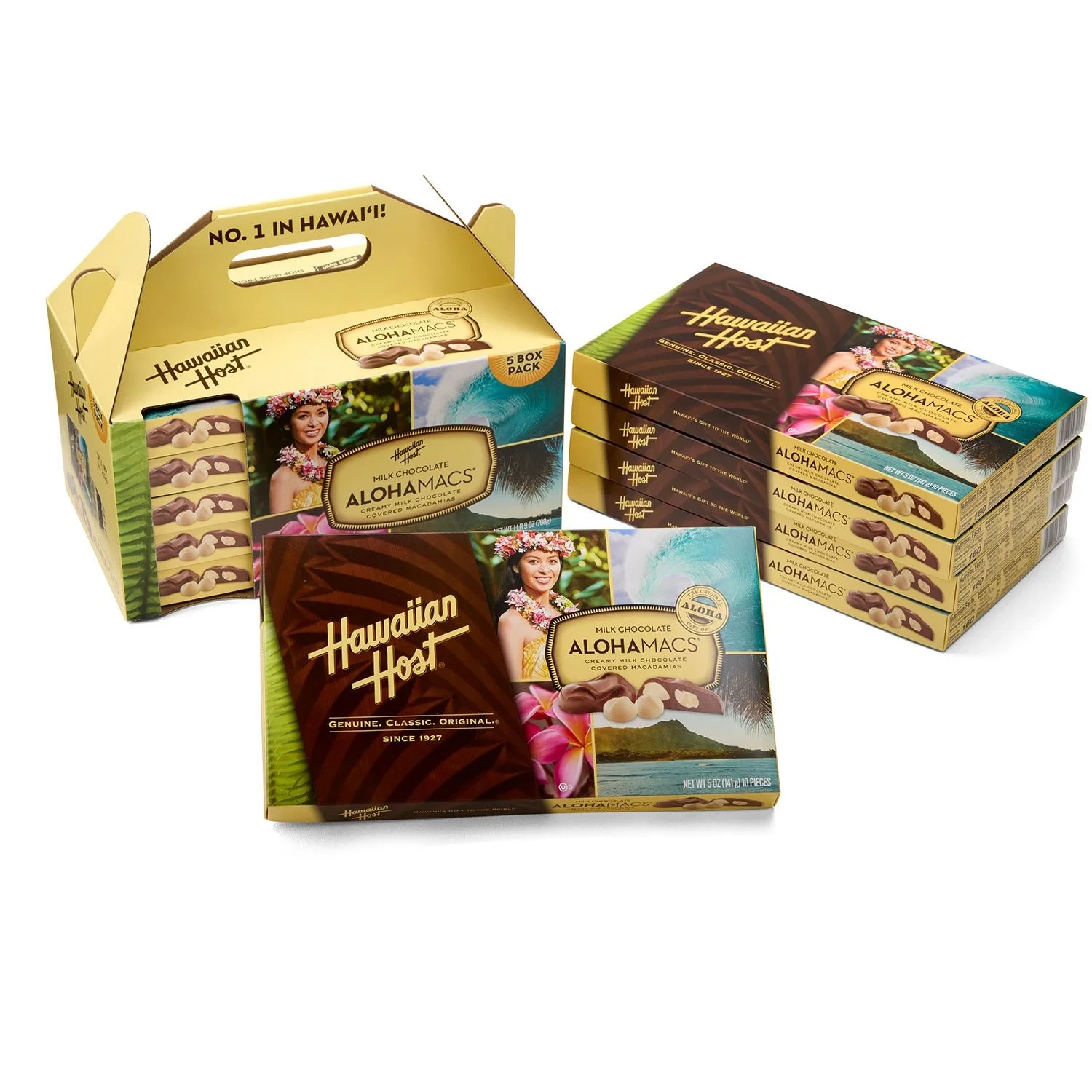 Hawaiian Host Milk Chocolate AlohaMacs Covered Macadamias 5 Box Pack,Total 25 oz