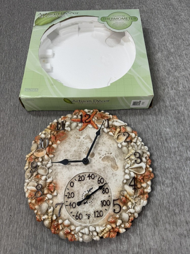 Springfield Clock Thermometer Seashell Ocean Nautical Polystone Indoor Outdoor