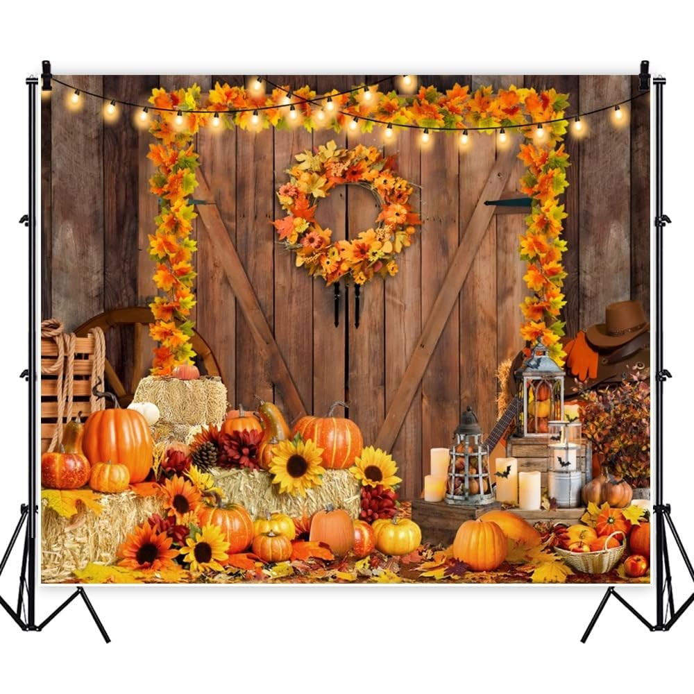 Fall Thanksgiving Backdrop 10x8ft Rustic Barn Autumn Pumpkin Haystack Friends...