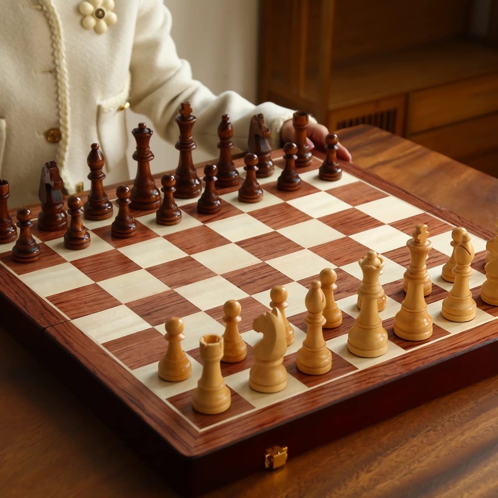 20" Extra Large Solid Walnut Wooden Chess Set with 2 Extra Queen Pi... Fast Ship