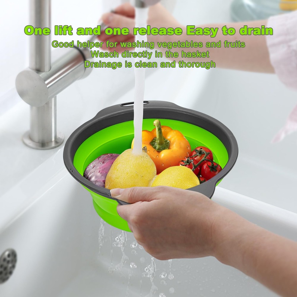 2 Pack Green Collapsible Silicone Colanders, Round Kitchen Strainer Set