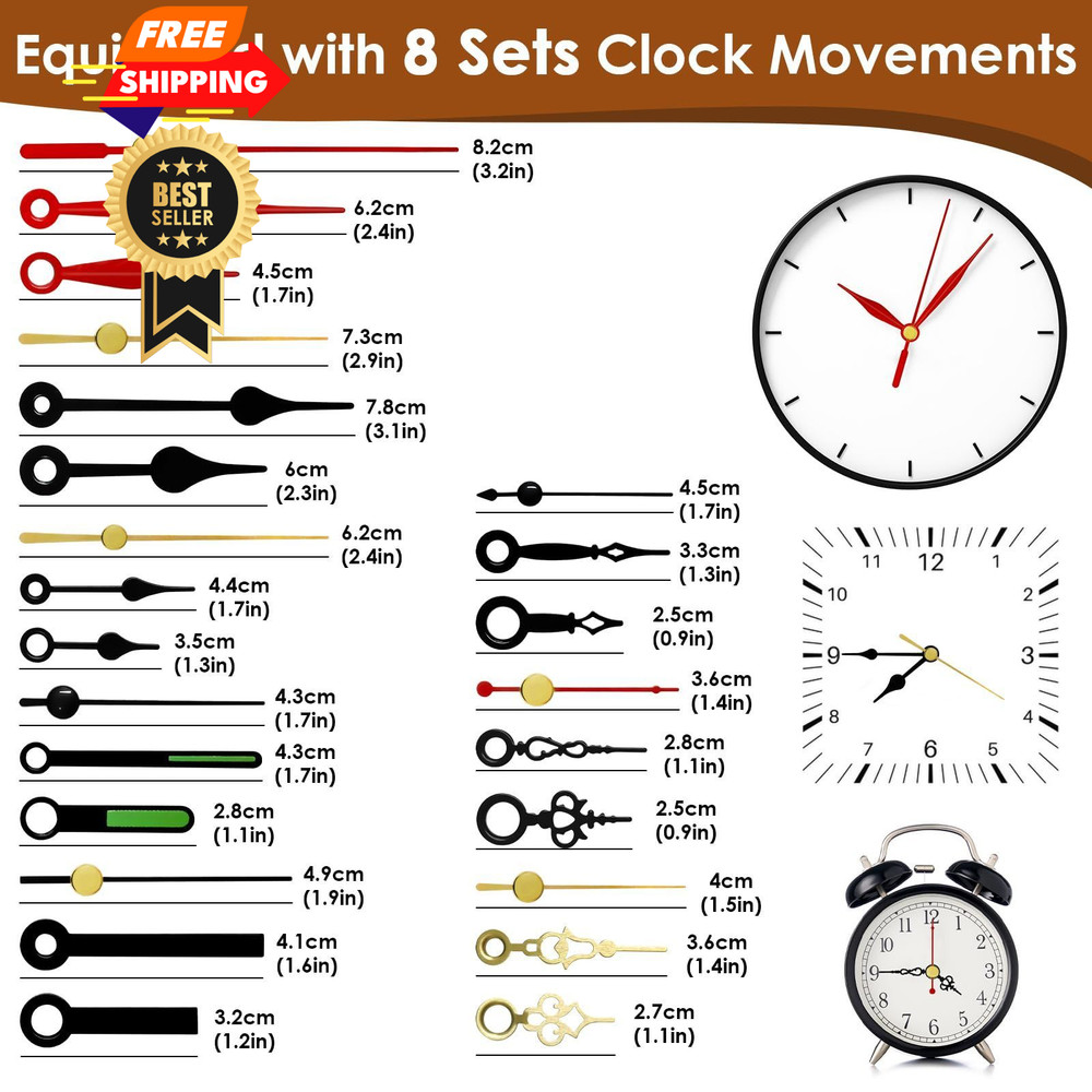3PCS Clock Mechanism Kit, Quartz Movement Replacement with 8 Black