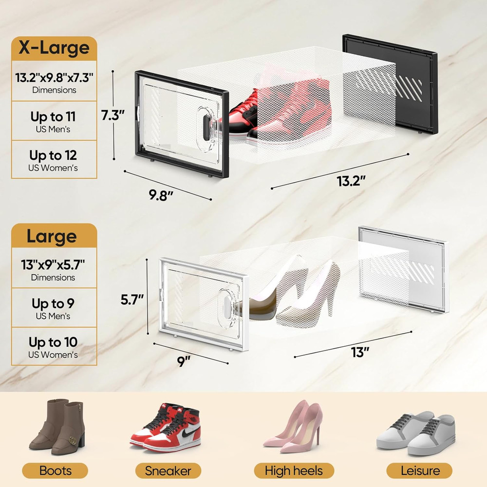 6 Pack Stackable Shoe Storage Boxes Fit Size 9, Thickened Clear Shoe Box Bins wi