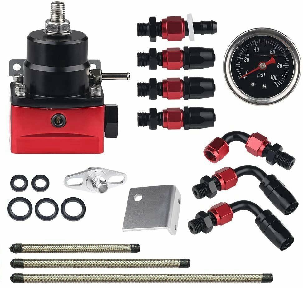 Black-Red Adjustable Fuel Pressure Regulator Kit Oil 0-100psi Gauge -6AN New