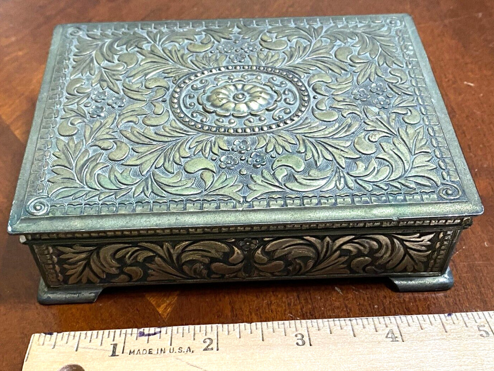 Vintage Silver Tone Cigarrete Box Floral Theme Japan Rectangular Hinge Lid