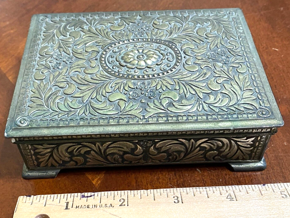 Vintage Silver Tone Cigarrete Box Floral Theme Japan Rectangular Hinge Lid