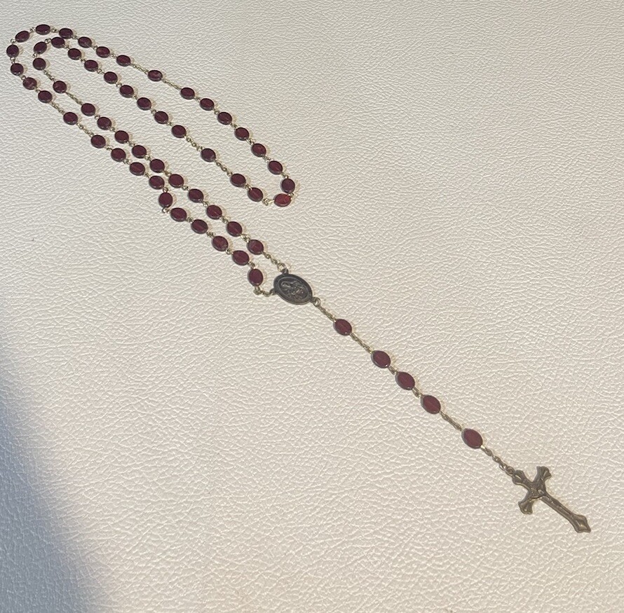Vintage Rosary Dark Red Plastic Oval Beads 25" long ~ Crucifix & Saint Therese