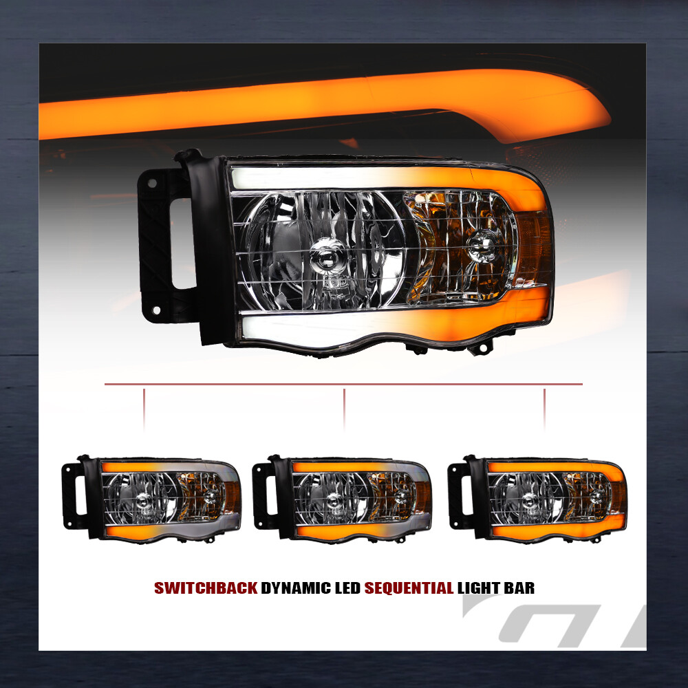 Switchback Sequential For 2002-2005 Dodge Ram Chrome Headlights w/LED Tube Bar