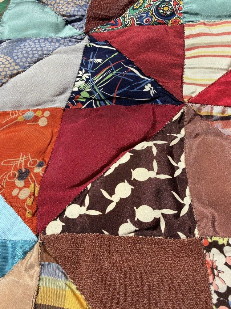 Vintage Handmade Satin Triangle Patchwork Quilt 74x88 Distressed Rustic Cowboy