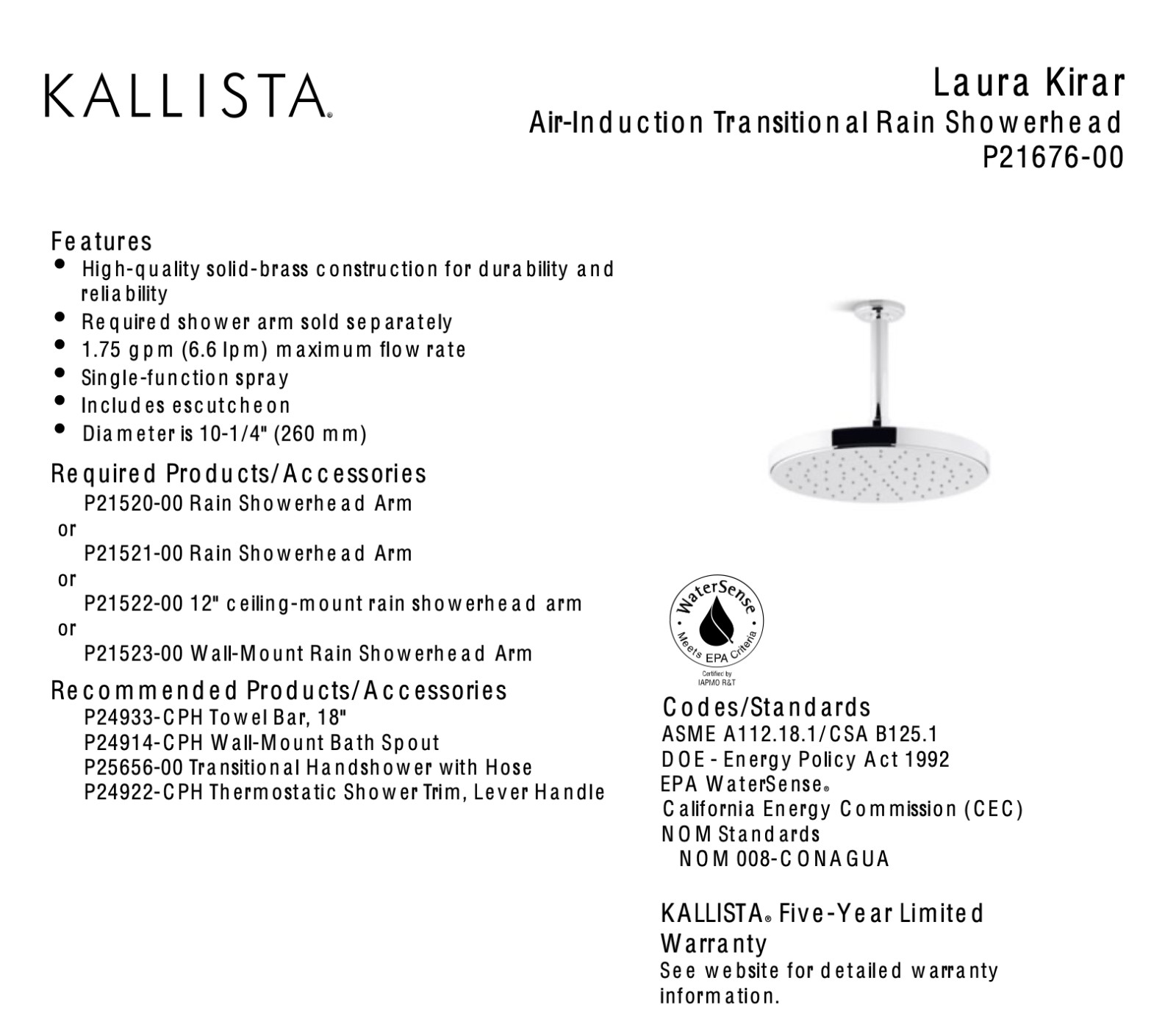 Kallista P21676-00-AD Laura Kirar Raindome 10" Showerhead Only, Polished Nickel