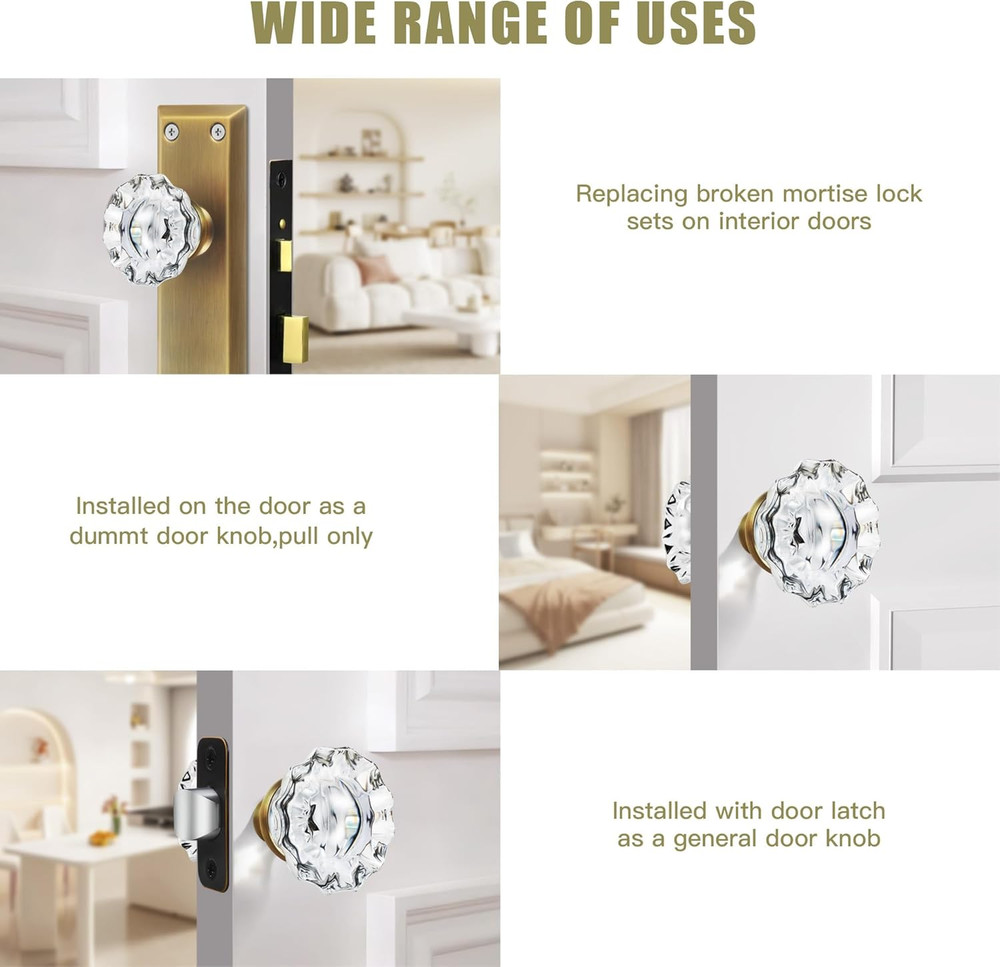 1 Pack Glass Door Knobs Interior Mortise Lock Replacement Set with Spindle, Vint