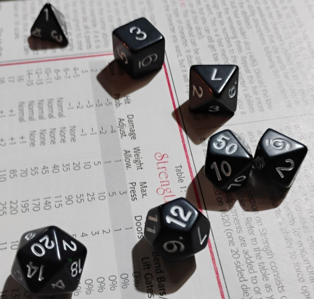 Black Polyhedral Dice Set White Numbers 7pc RPG Dice w Bag