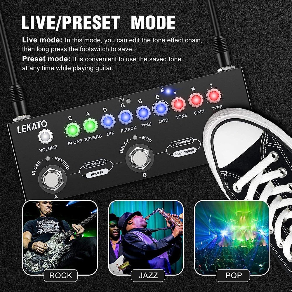 LEKATO Bluetooth 5.0 Guitar Multi-Effects Pedal Distortion Delay Chorus Phaser