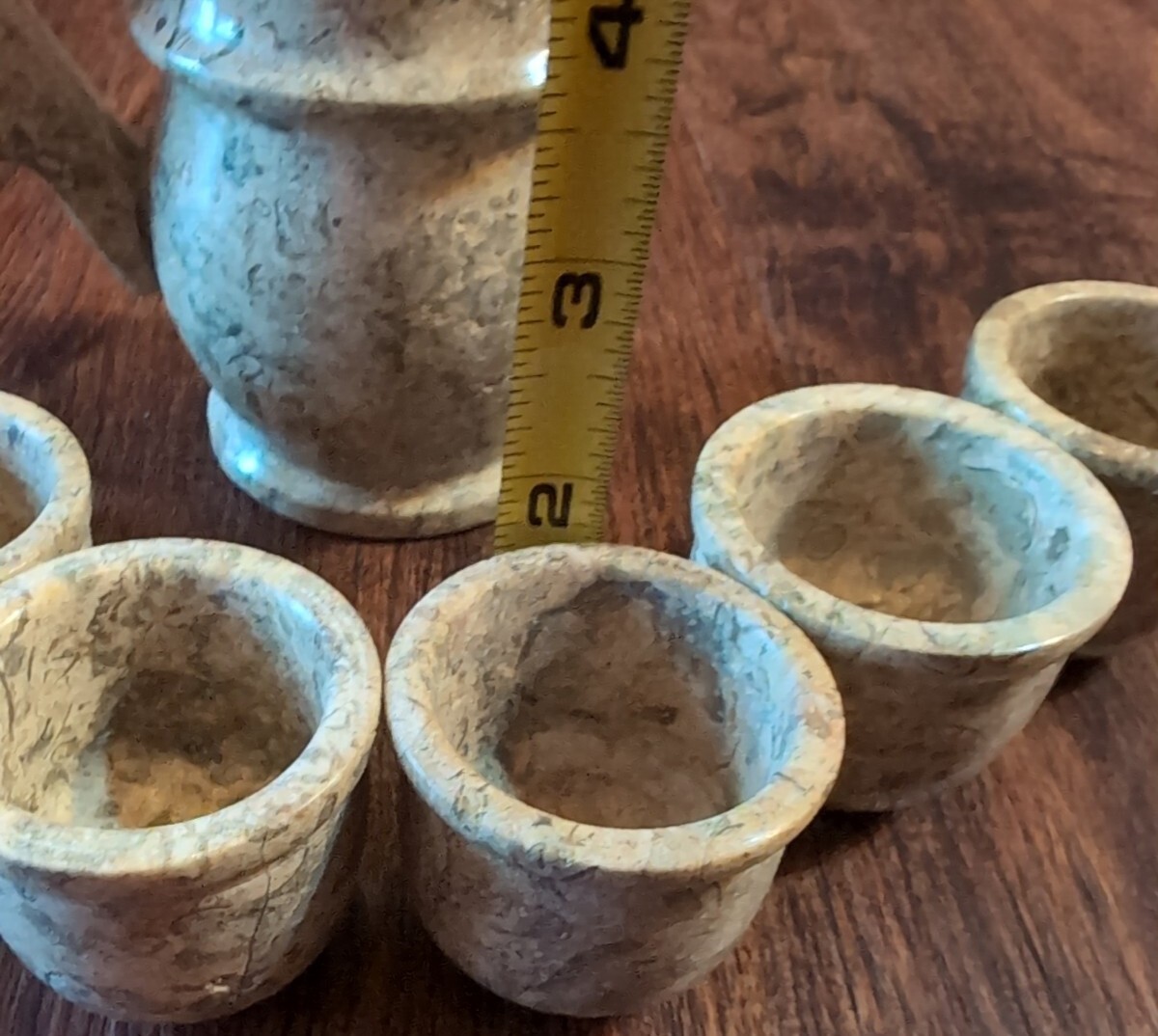 Vtg Marble Stone Tea Set: Pot + Six Cups Gray Brown Marble Patchwork