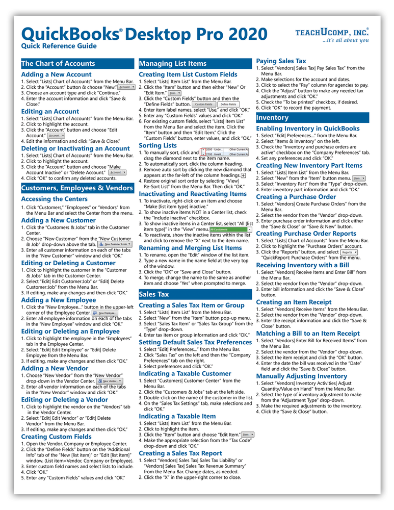 QuickBooks Pro 2020 Training Guide Quick Reference Card 4 Page Cheat Sheet