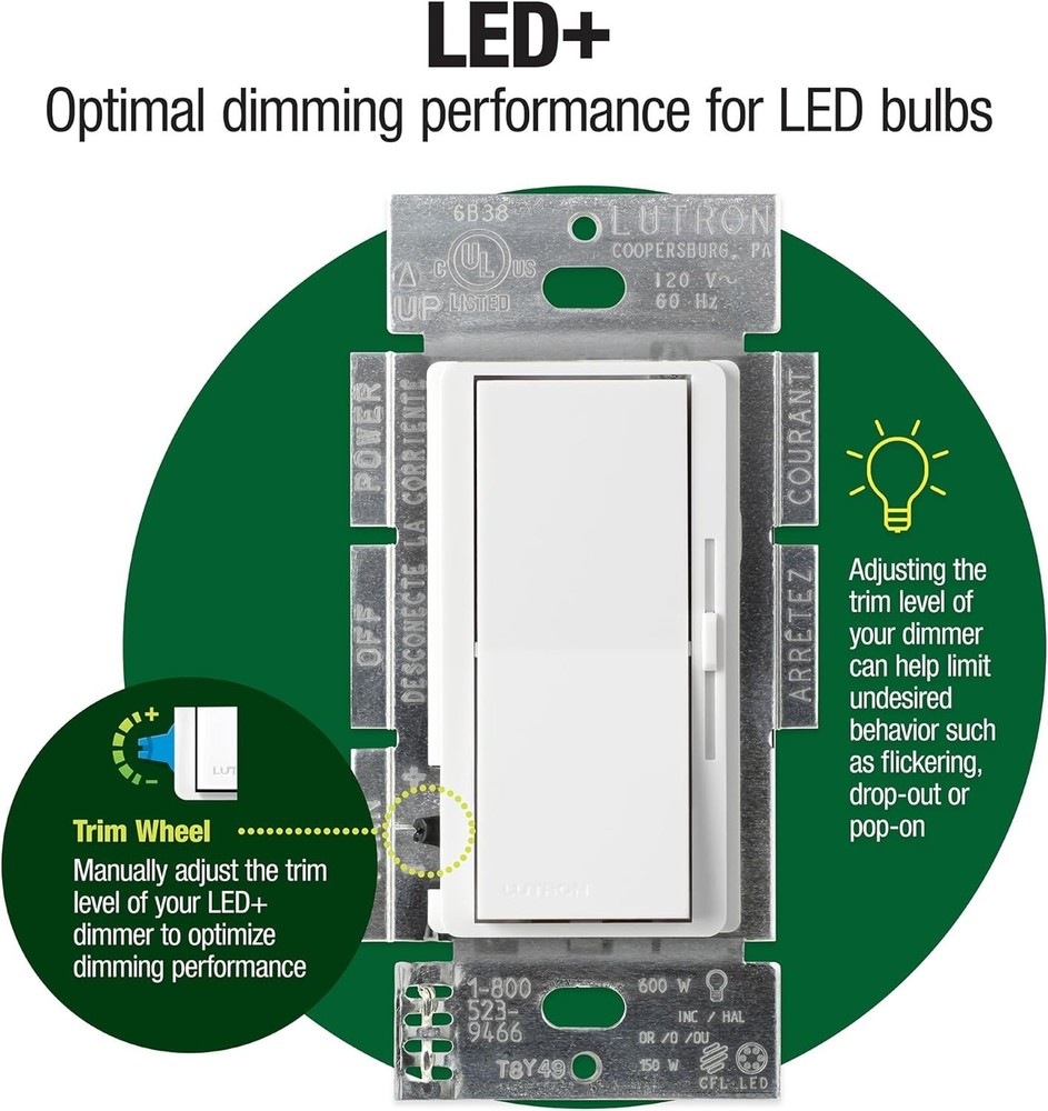 Diva LED+ Dimmer Light Switch for Dimmable LED, Halogen, and Incandescent Bul...