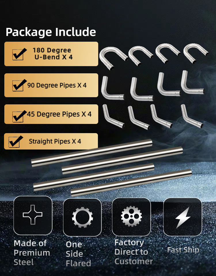 2.5" OD Exhaust Pipe Kit 16PCS Mild Steel Tubing Mandrel Bend Straight U 90° DIY