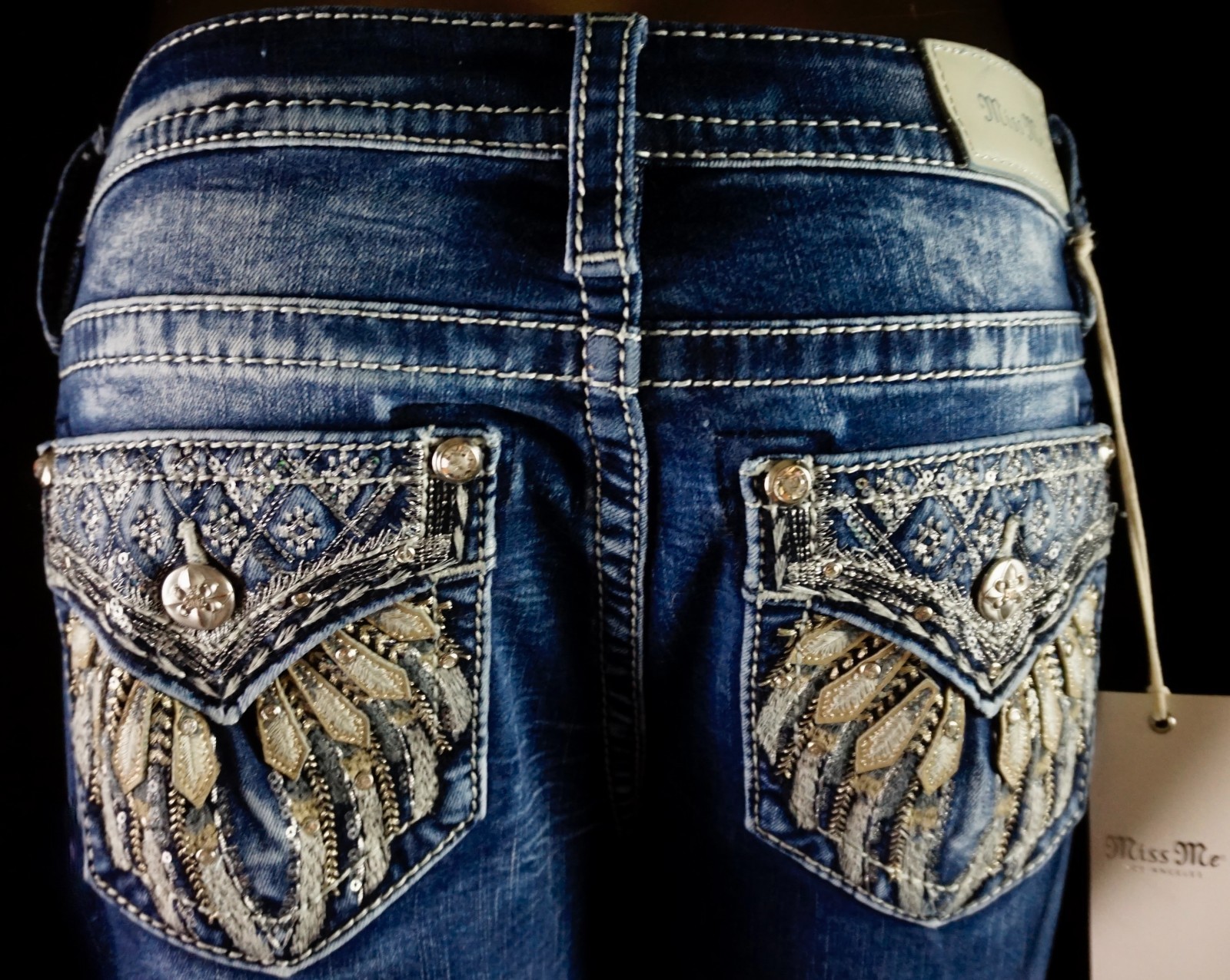 $118 Buckle Miss Me Jeans "Sequins Leather Fallen" Mid-Rise Boot 30 X 29 READ