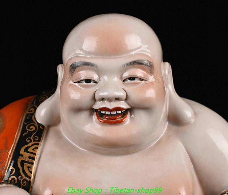 10.6''Old Dynasty Famille Rose Porcelain Gilt Happy Laugh Maitreya Buddha Statue