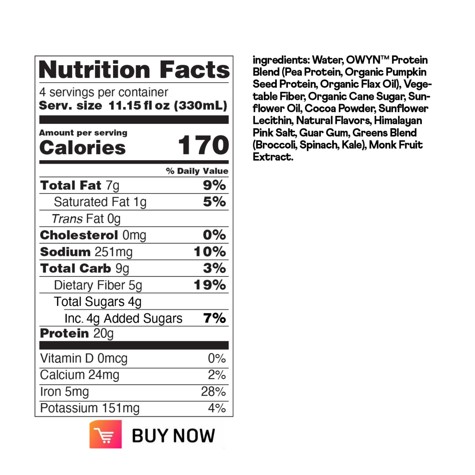 OWYN Plant-Based 20g Protein Shake, Dark Chocolate, 11.15 fl oz, 4 Count