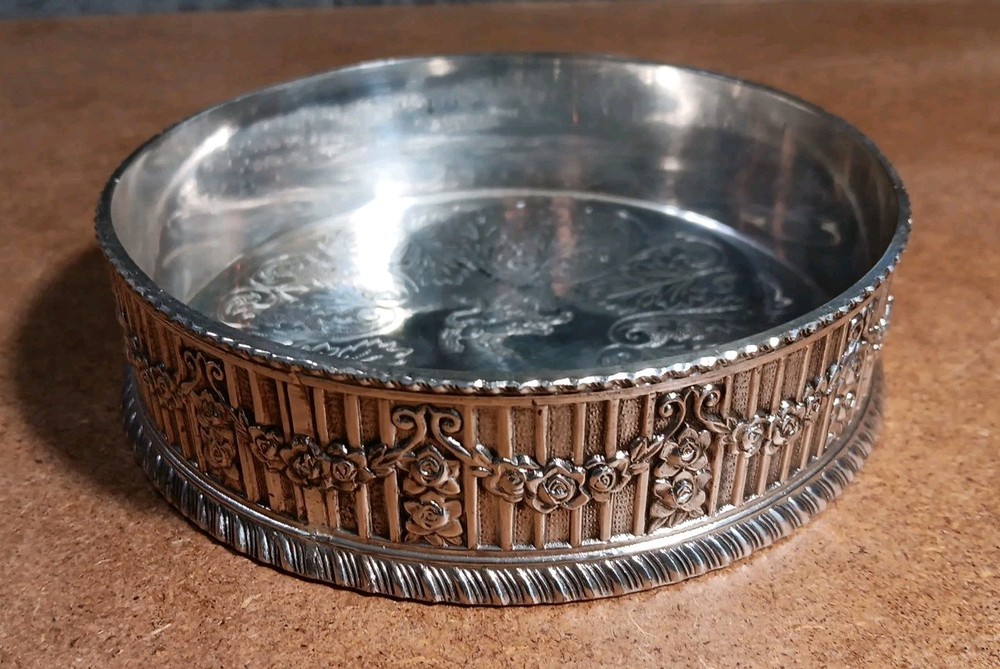 VINTAGE Silver Plate Etched Wine Bottle Holder Coaster 4.75" - From Japan