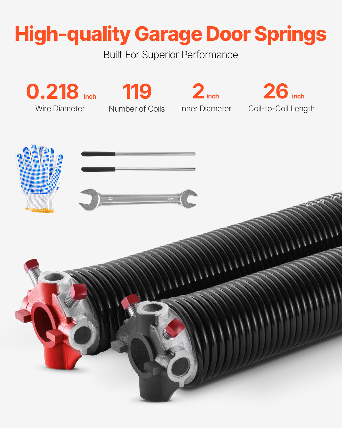 Garage Door Torsion Springs Pair of 0.218 x 2 x 26 inch with Winding Bars