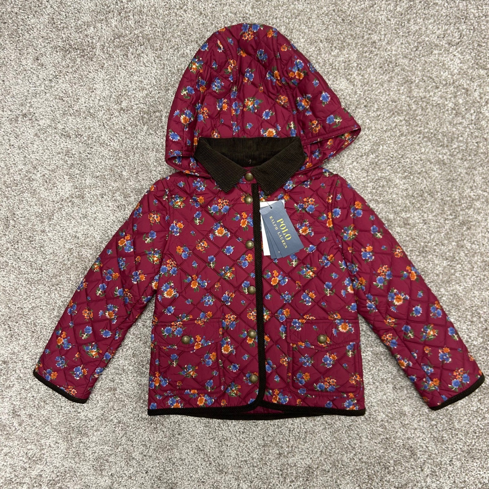 NWT Polo Ralph Lauren Water Repellent Barn Jacket Floral Girls 5 Corduroy Trim