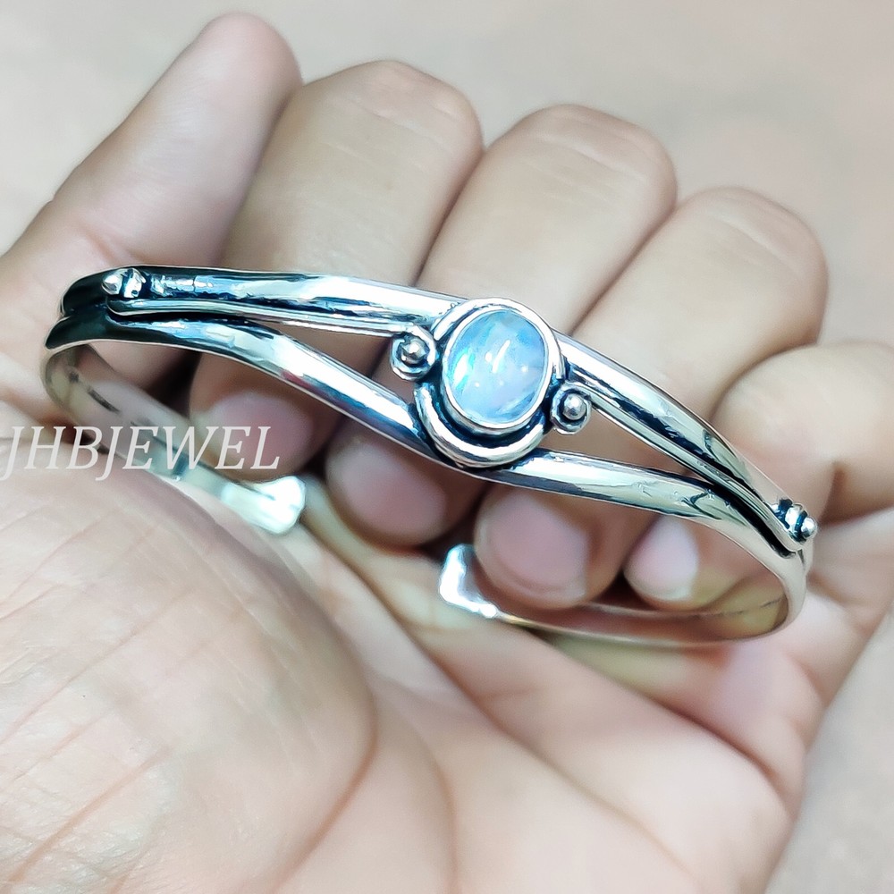 Rainbow Moonstone Gemstone Bangle 925 Sterling Silver Simple Work Men's Bracelet