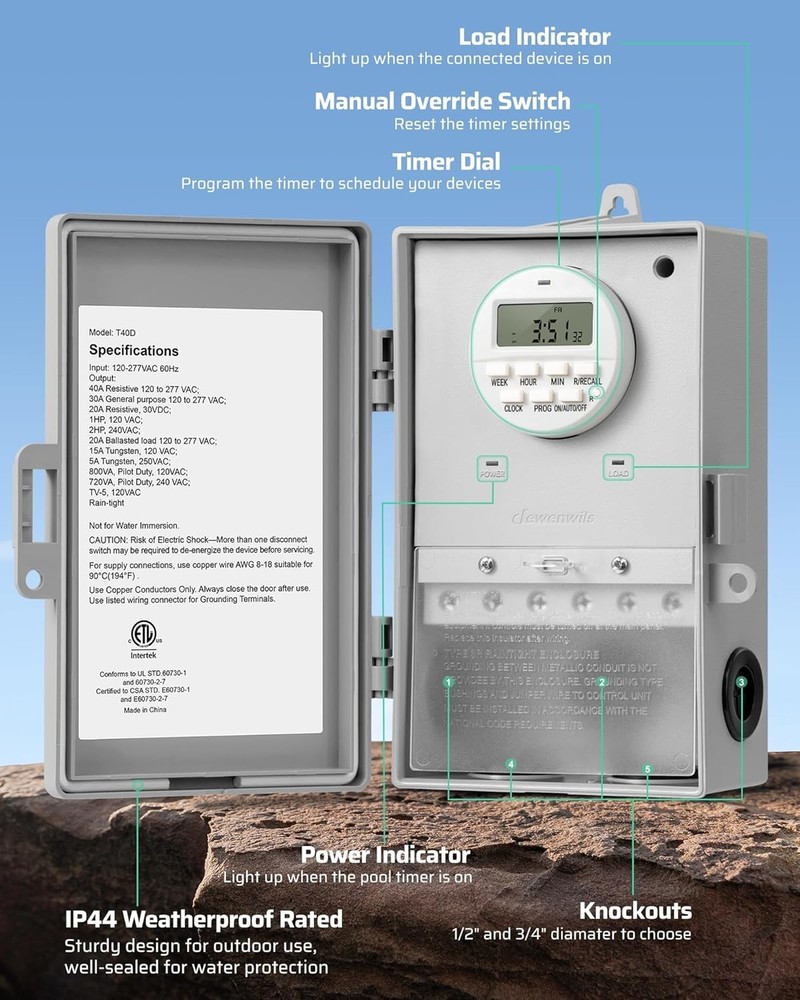 Waterproof 40A Pool Pump Timer Switch - 7-Day Programmable for Heaters & SPAs