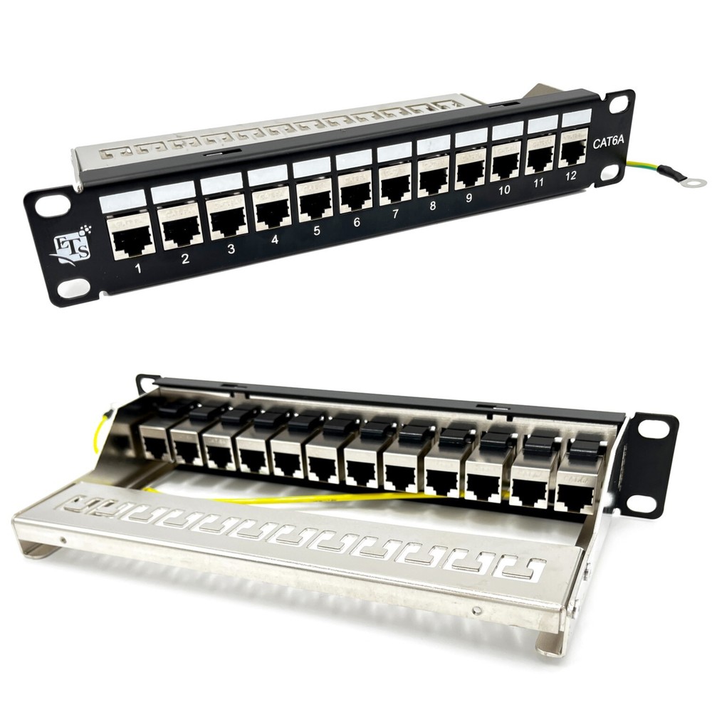 ETS 12 Port Patch Panel 10 inch Cat6A Inline Keystone, Feedthrough Coupler