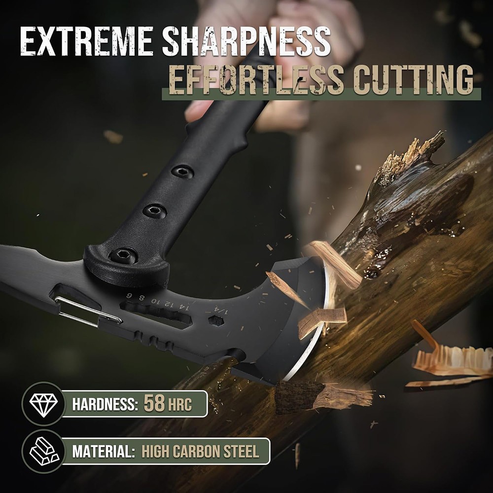 15” Tactical Axe and Multi-Tool Hammer, Camping & Survival Axe with Sheath