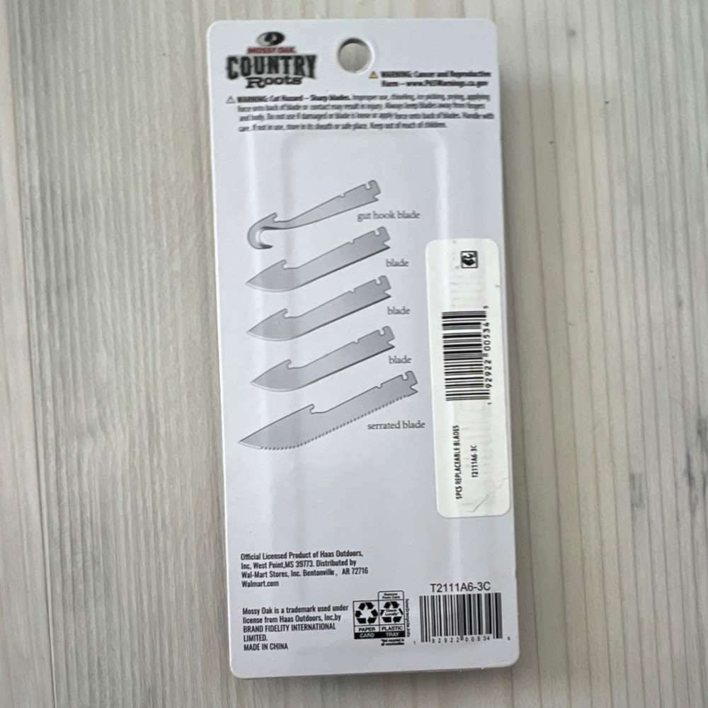 Mossy Oak 5-Piece Replaceable Knife Blades Set Straight Serrated Gut Hook Silver