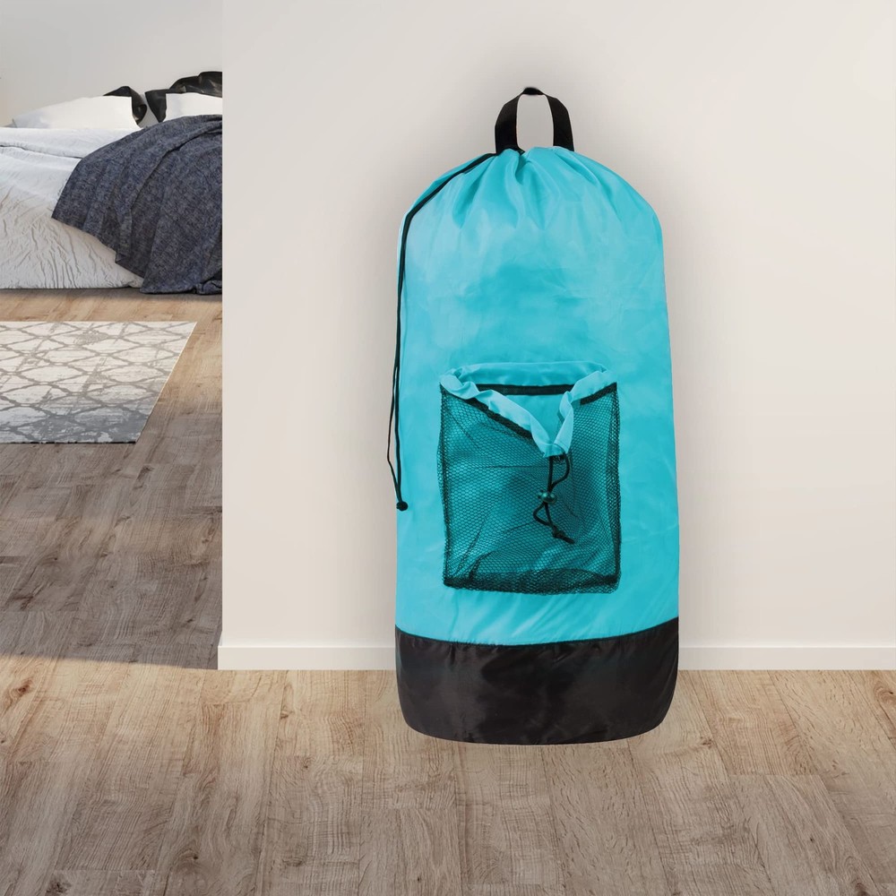 Turquoise Laundry Backpack with Mesh Pocket, Adjustable Straps and Drawstring...