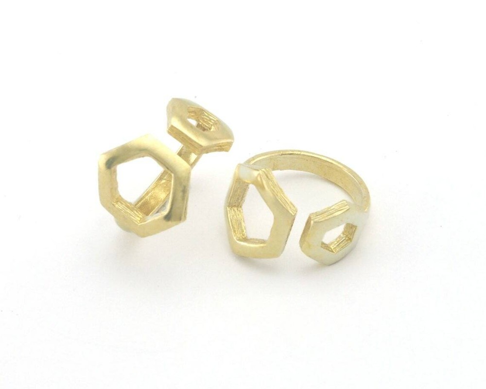 Hexagonal Frames Adjustable Ring Raw Brass (6US - 8US inner size) 4349