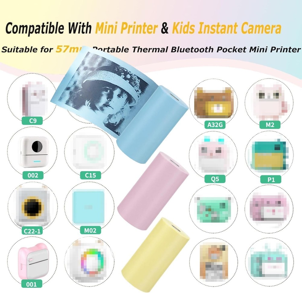 9 Rolls Colorful Thermal Printer Paper - Compatible with Mini Printers, Durable