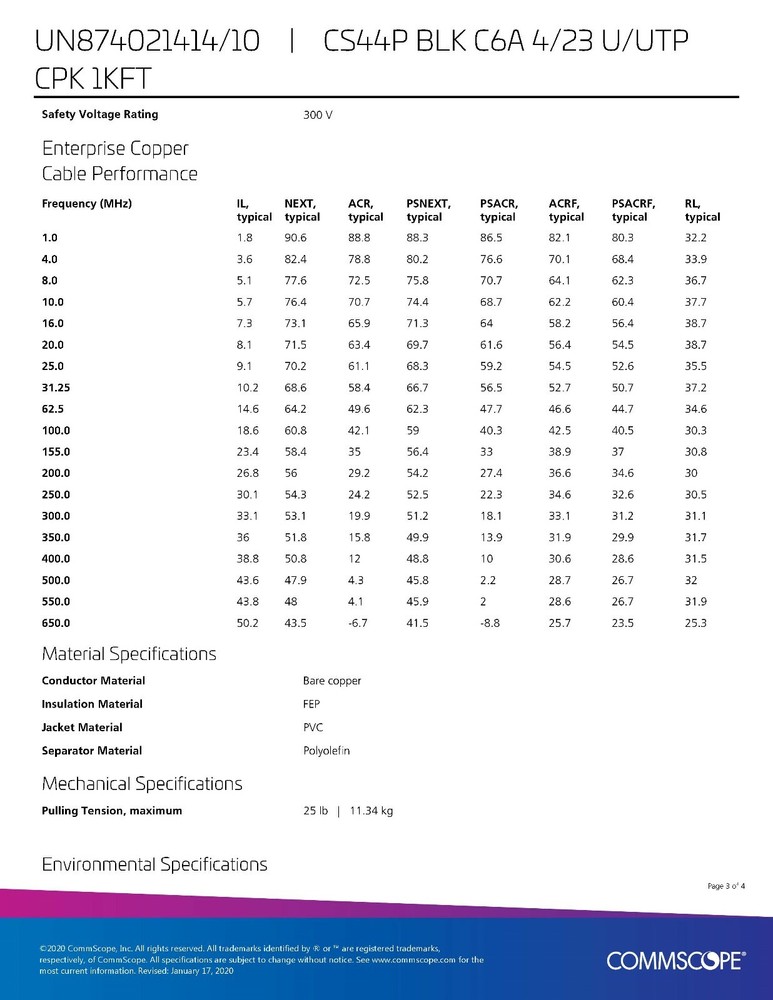 Commscope CS44P Cat6A U/UTP Network Ethernet 10G 10Gig Cable Plenum Black /50ft