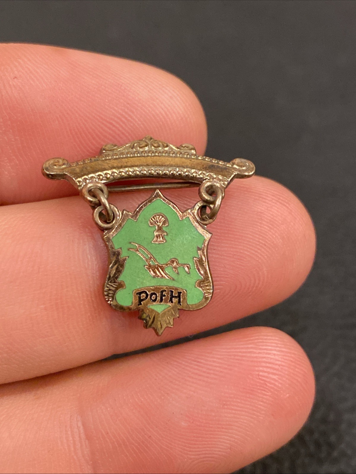Vtg Antique P of H Patron Of Husbandry Green Enamel Dangle Shield Crest Logo Pin