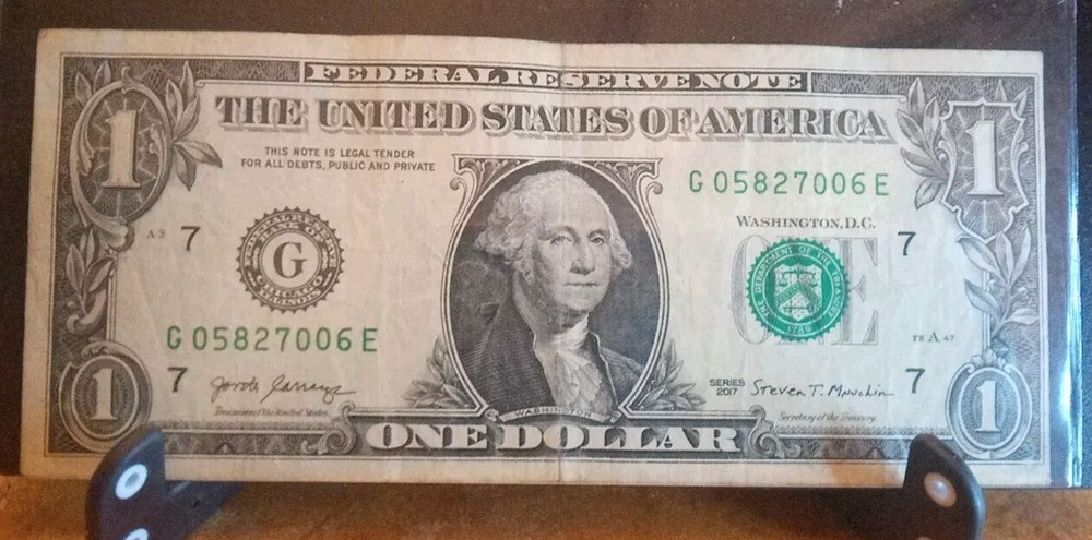 ERROR $1 One dollar bill G 05827006 E Banknote Miscut Error Series 2017