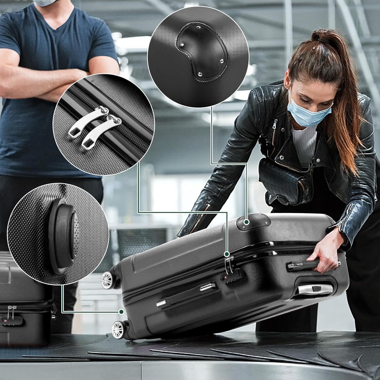 3-Piece Hardshell Luggage Sets with Spinner Wheels TSA Lock Black (20"/24"/28")