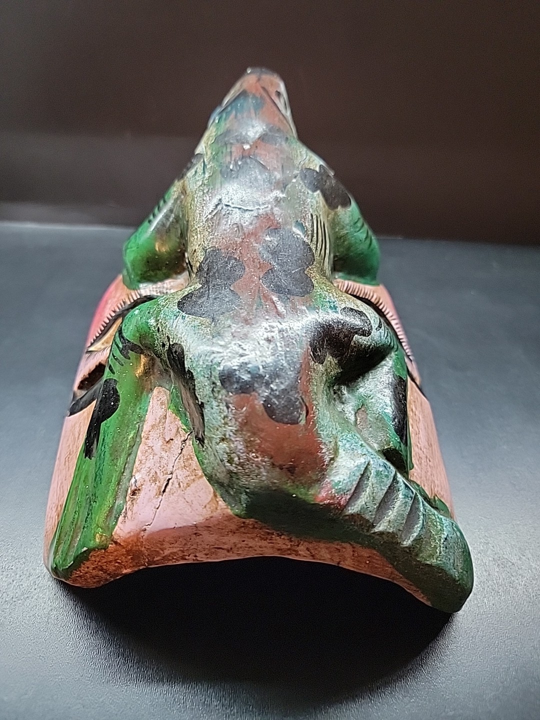 VTG Mexican Carved Wood Folk Art Dance Mask Painted Lizard Face with Blue Eyes