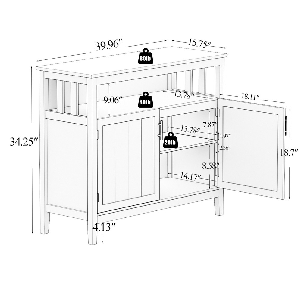 White Kitchen Storage Sideboard Buffet Server Cabinet, Adjustable Shelves