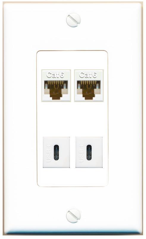 [4 Ports] 2 CAT6 2 USBC Wall Plate DecorZ White