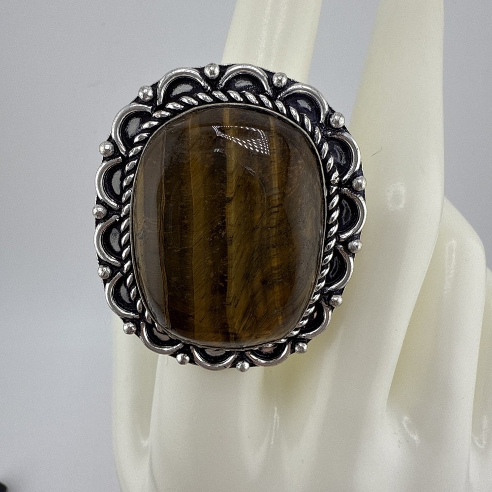 German Silver Tiger Eye Rectangle Statement Ring Size 7 NWT