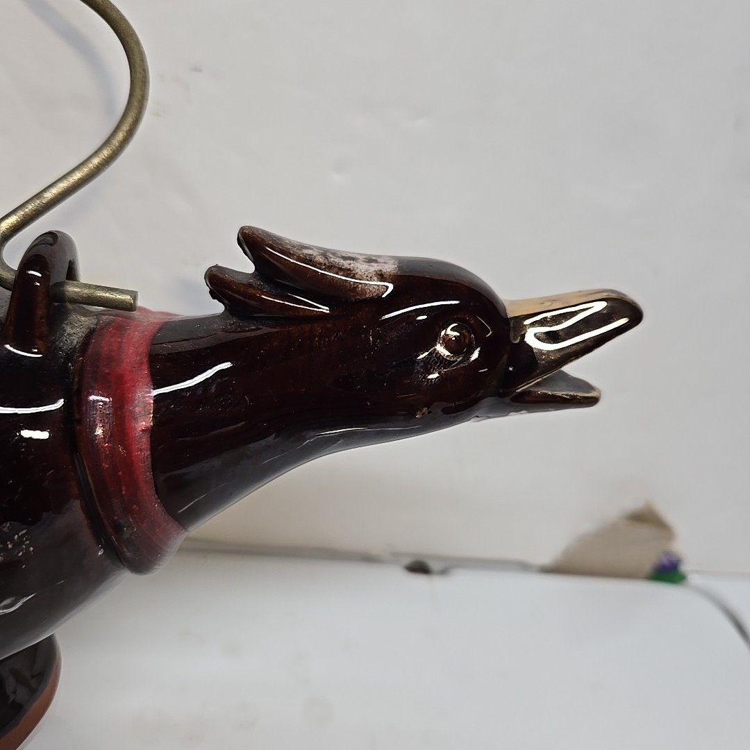 Vintage 1950's Redware Bird Shaped Teapot with Metal Spirl Handle 10in Long