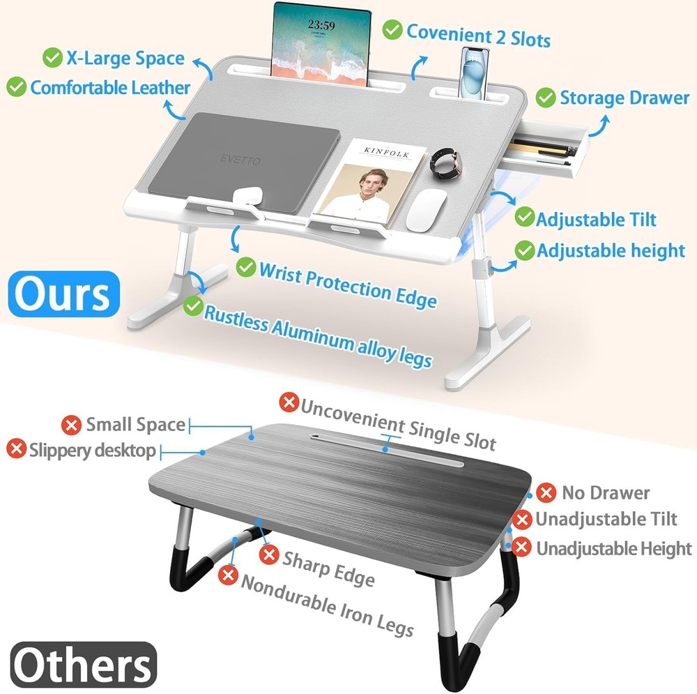 Laptop Bed Desk, X-Large Leather Adjustable Computer Bed Table Tray, Foldable...