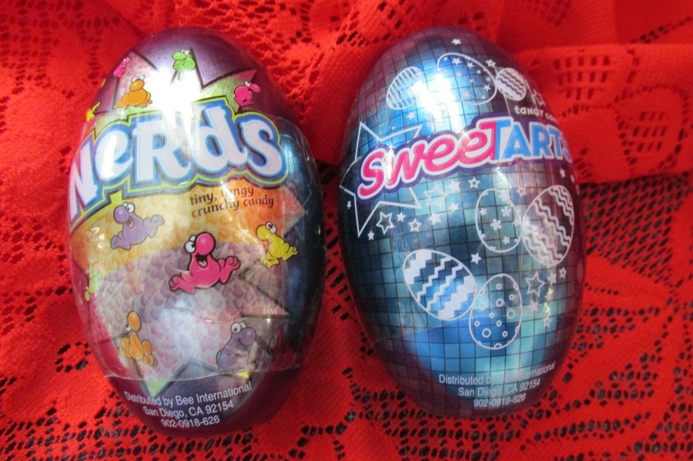2 Tin Easter Egg Candy Containers  w/candy, Sweet Tarts & Nerds, sealed