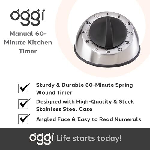 OGGI Countdown 60-Minute Kitchen Timer- Stainless Steel Countdown Timer, Cook...