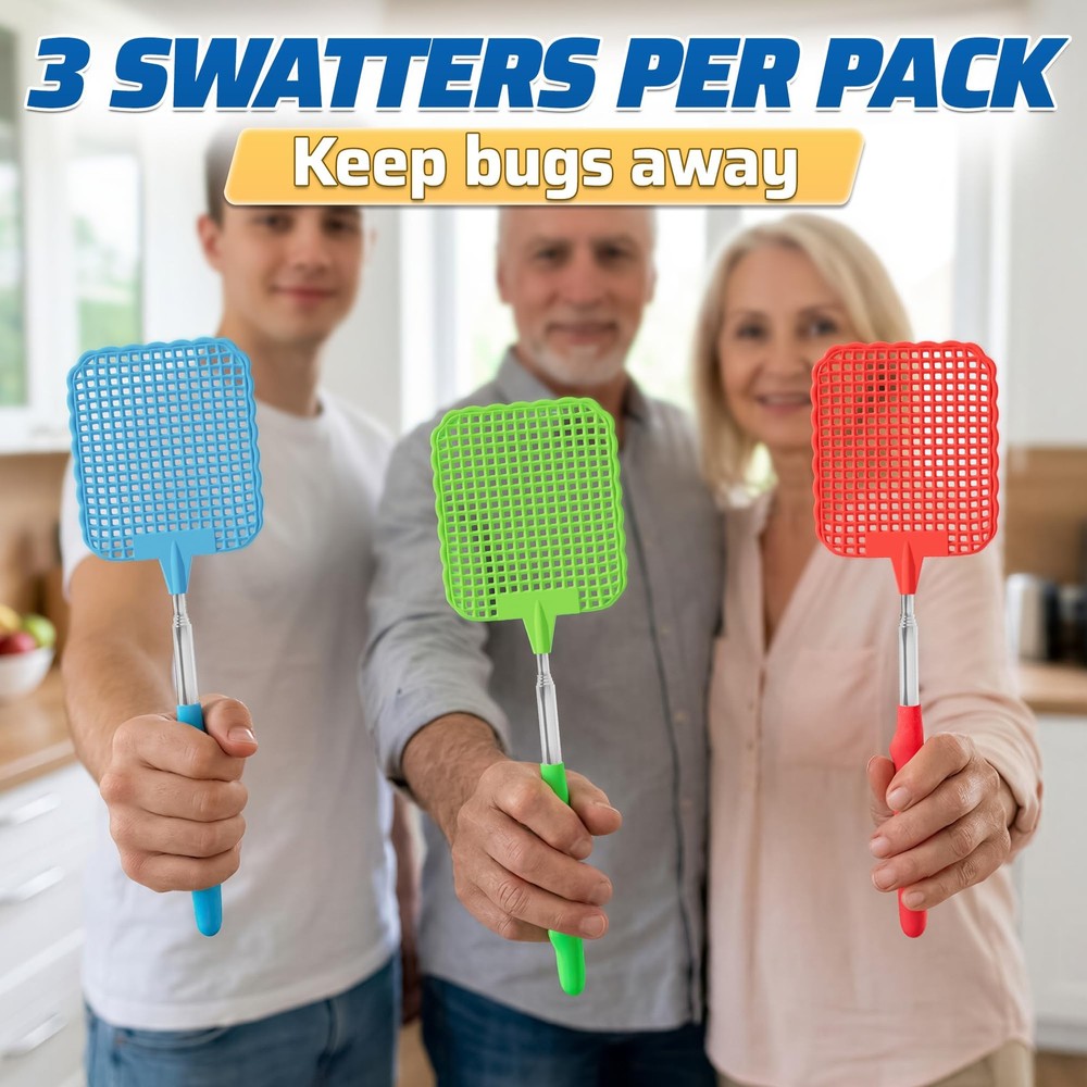 3-Pack Telescopic Fly Swatter Set – Durable and Lightweight Multicolor